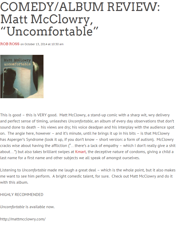 COMEDY ALBUM REVIEW  Matt McClowry,  Uncomfortable    Popdose